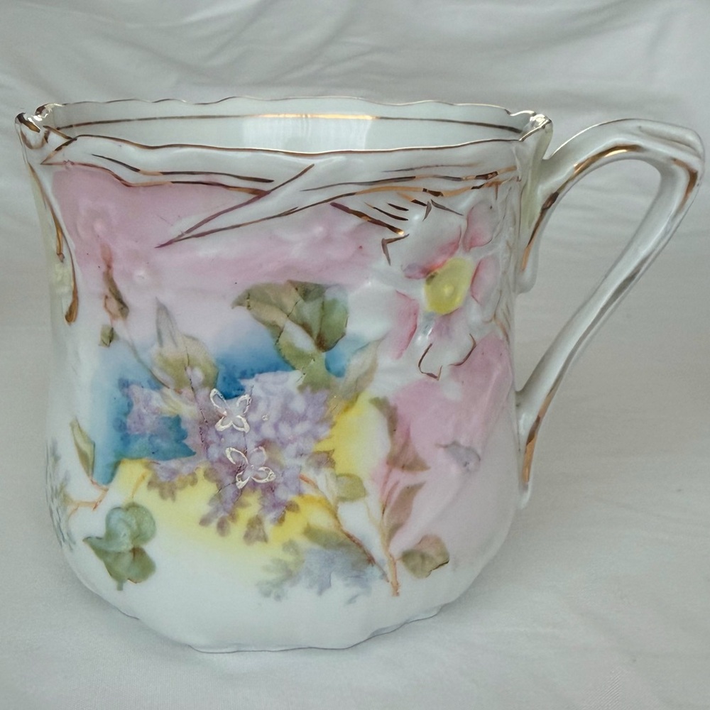 Antique Porcelain Nippon Style Handpainted Shaving Mug Dogwood Flowers Gold Trim